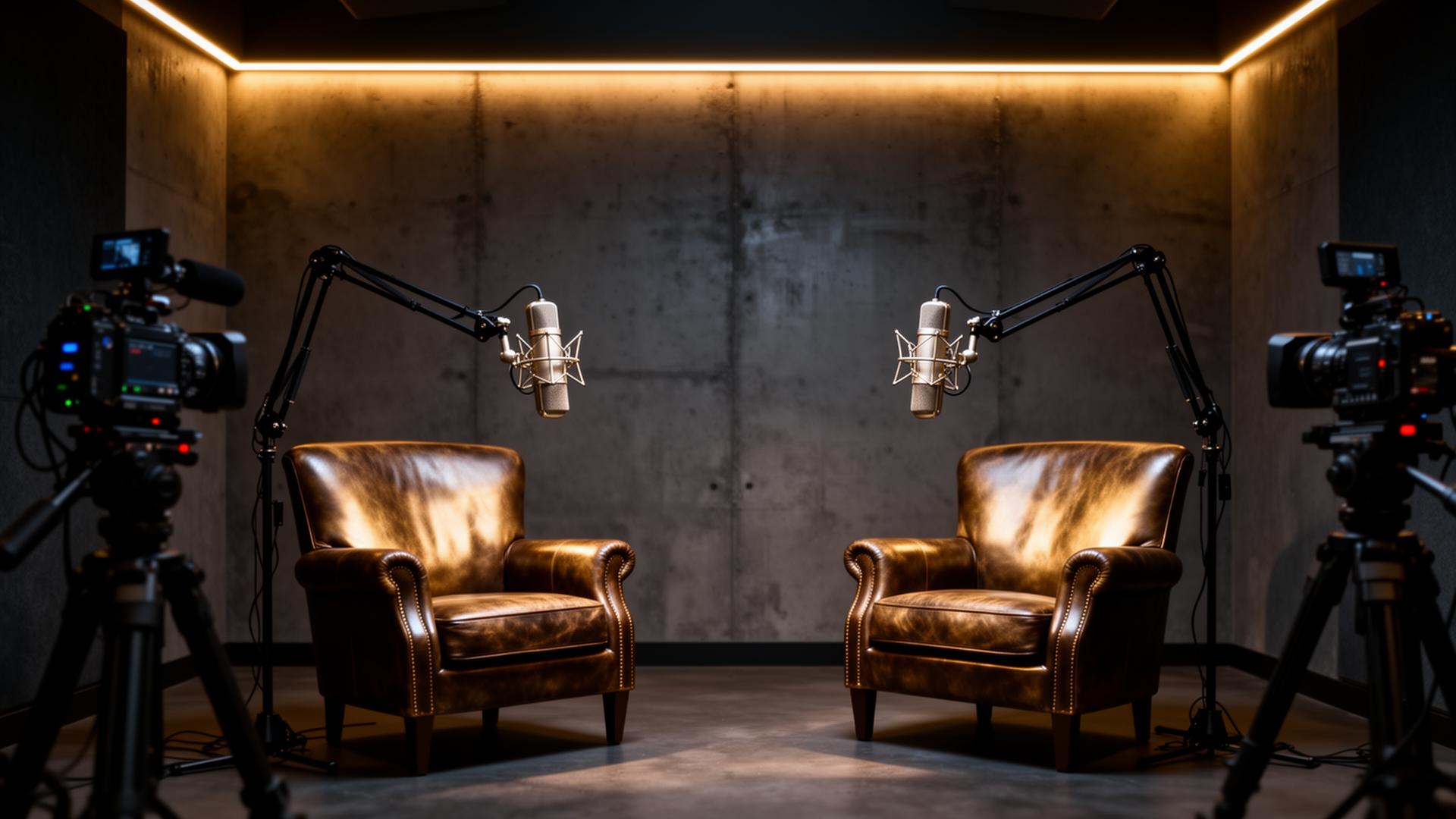 Prémiové podcastové studio s kamerami, mikrofony a teplým světlem